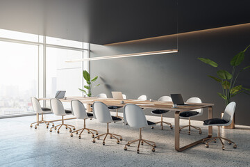 Perspective view of empty modern conference room with office table and chairs, panoramic window, stone floor and dark walls. 3D Rendering