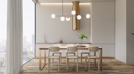 Modern light kitchen with window and city view, furniture. Interior design concept. 3D Rendering.
