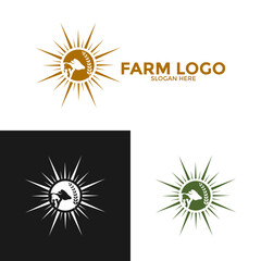 Farm Animal with sun Logo design vector, Simple Livestock or Farm logo template