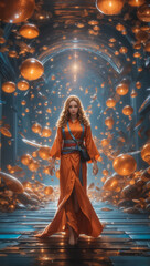 Captivating art portraying a woman in a long orange dress walking through a tunnel. An AI-generated masterpiece evoking mystery and elegance.