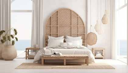 Fototapeta na wymiar Coastal boho style bedroom interior, wall mockup, 3d render, generative ai