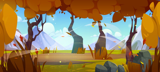 Autumn natural landscape with swamp in mountain valley. Vector cartoon illustration of old forest trees with yellow foliage, leaves flying in air wind, blue sky with clouds. Travel game background