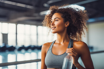 Fototapeta na wymiar Portrait of young multiethnic sporty woman holding water bottle in gym. Happy athletic fit muscular woman in fitness center.