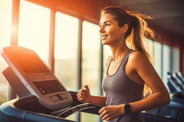 Fototapeta na wymiar Portrait of young sporty woman on treadmill in gym. Happy athletic fit muscular woman running in fitness center.
