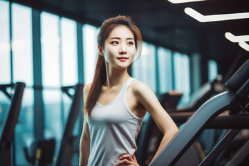 Fototapeta na wymiar Portrait of young chinese sporty woman in gym. Happy athletic fit muscular woman in fitness center.