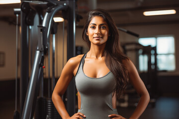 Fototapeta na wymiar Portrait of young indian sporty woman in gym. Happy athletic fit muscular woman in fitness center.