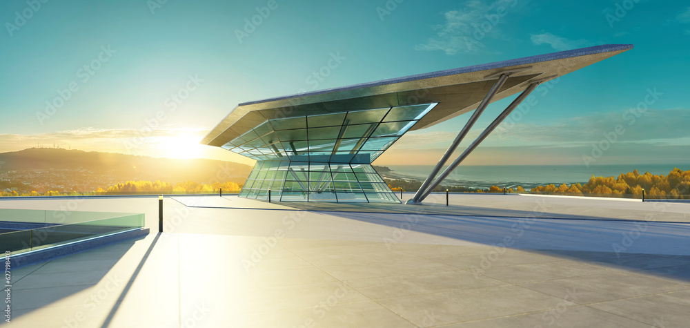 Poster 3d empty concrete floor with polygon shape design modern building exterior