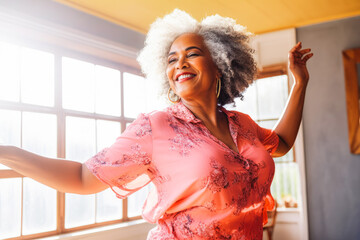 Positive black older woman dancing at home. Happiness and well being concept.