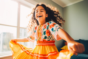 Positive latino girl dancing at home. Happiness and well being concept.