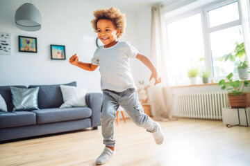Positive black boy dancing at home. Happiness and well being concept.