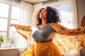 Positive plus size black woman dancing at home. Happiness and well being concept.