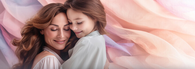 Woman hugging her daughter against soft pastels wall, banner with copyspace, AI Generated