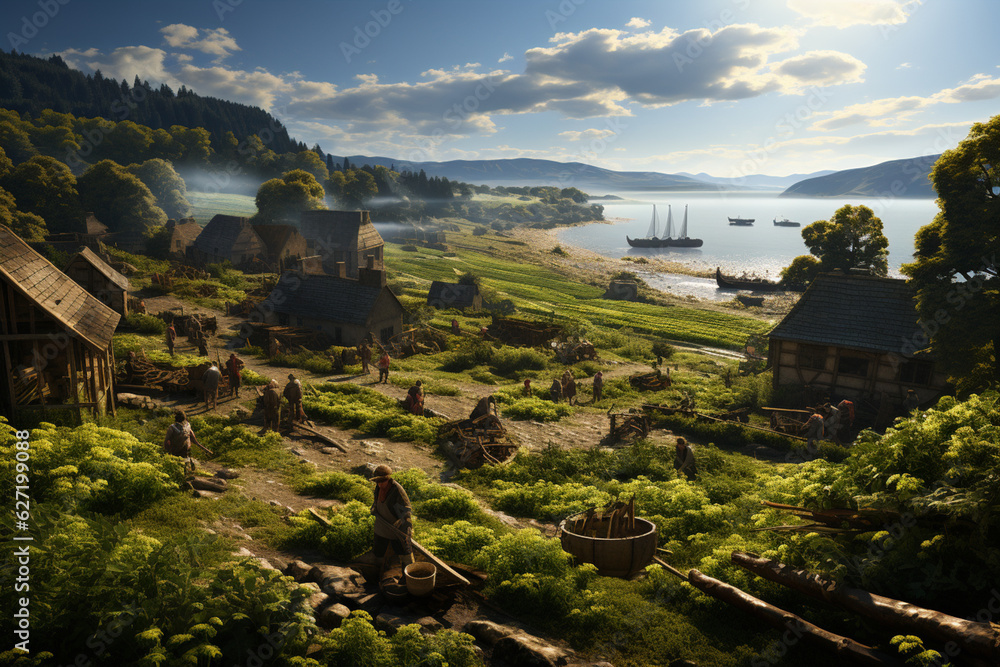 Aufkleber an image shows a stone age agricultural scene, with humans cultivating crops using simple tools like