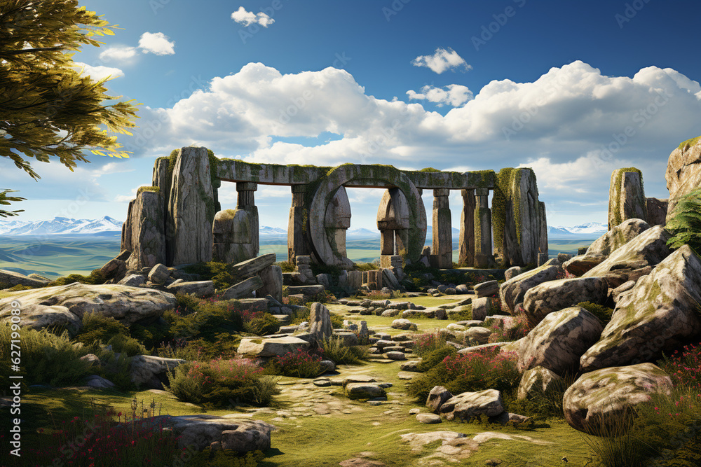 Poster A popular image portrays a Stone Age ceremonial site, with standing stones or megalithic structures arranged in a specific pattern. Generative AI technology.