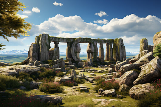 A popular image portrays a Stone Age ceremonial site, with standing stones or megalithic structures arranged in a specific pattern. Generative AI technology.