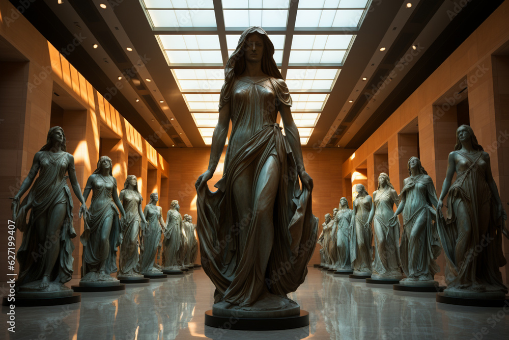 Poster in this trending image, a series of caryatids is displayed in a museum setting. generative ai techno