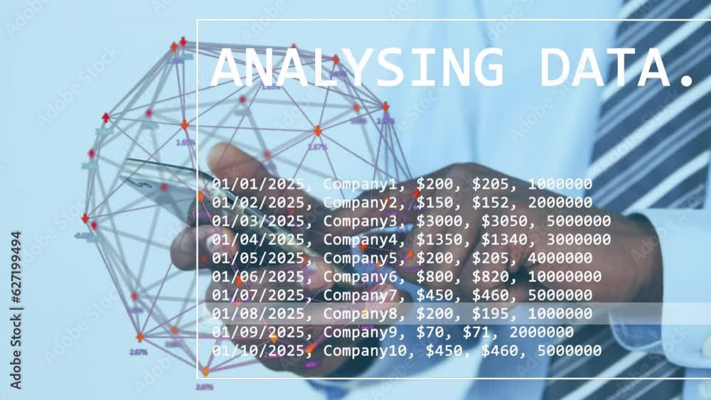Poster animation of data processing and globe over biracial businessman with smartphone