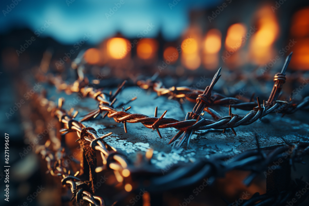 Poster a close-up of prison barbed wire with a blurred background, symbolizing the concept of confinement a