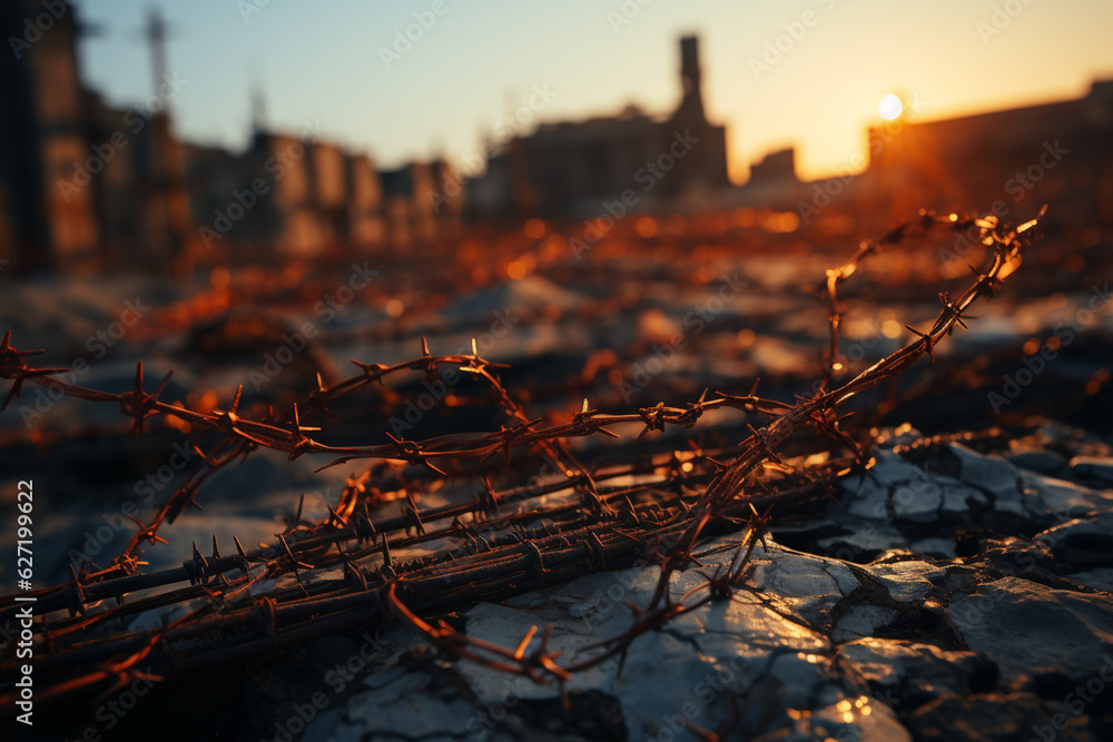 Poster a close-up of prison barbed wire with a blurred background, symbolizing the concept of confinement a