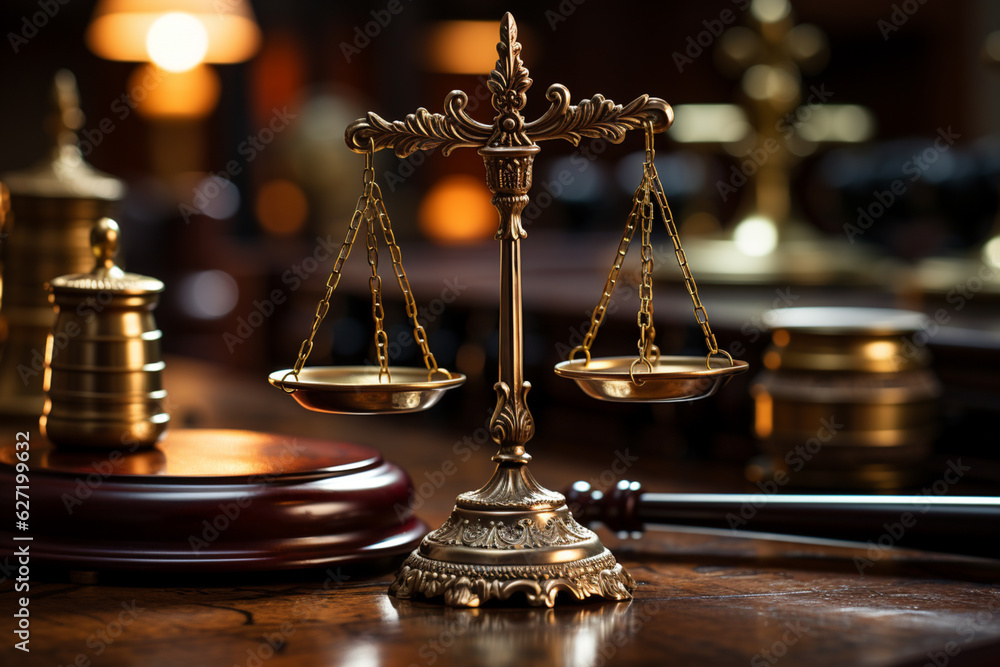 Leinwandbilder a close-up of a judge's bench with a gavel, legal documents, and a scale of justice. generative ai t