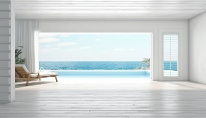 Sea view empty large living room of luxury summer beach house with swimming pool near wooden terrace. Big white wall background in vacation home or holiday villa. Hotel interior . Generative ai