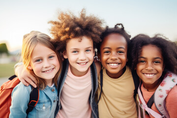 Group of cheerful happy multiethnic children outdoors