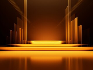 Abstract minimalistic scene with geometric shapes. Podium stage with yellow neon light for presentation AI