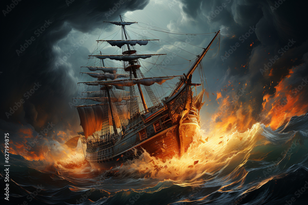 Poster a dramatic storm at sea, with towering waves crashing against a ship, emphasizing the challenges and