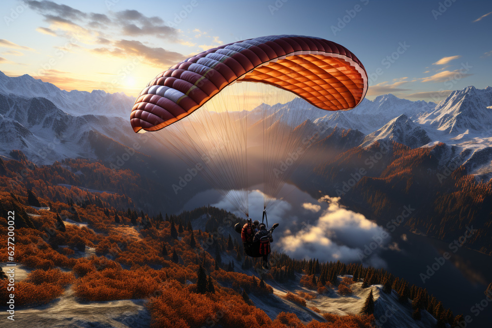 Poster a paraglider soaring above a mountain range, enjoying the freedom and exhilaration of flying with mi