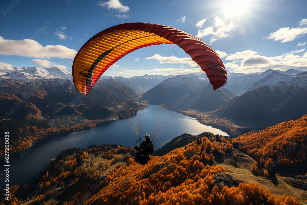 Poster a paraglider soaring above a mountain range, enjoying the freedom and exhilaration of flying with mi