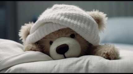 A sick teddy bear with a bandage on his head lies in bed with a fever and a headache. Generative AI