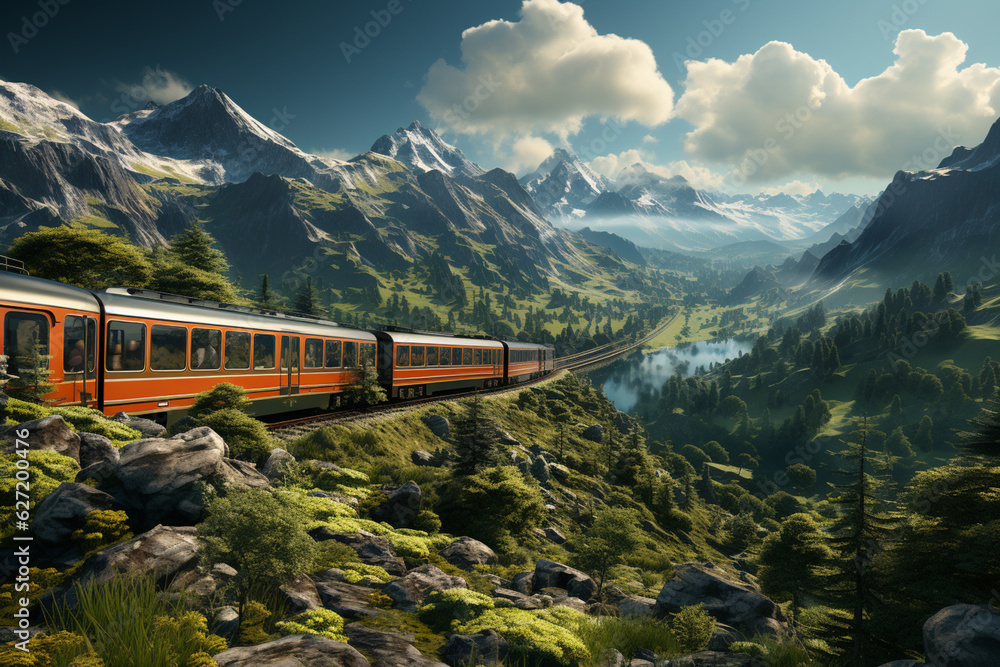 Poster a panoramic view of a scenic train route winding through mountains, offering breathtaking views. gen
