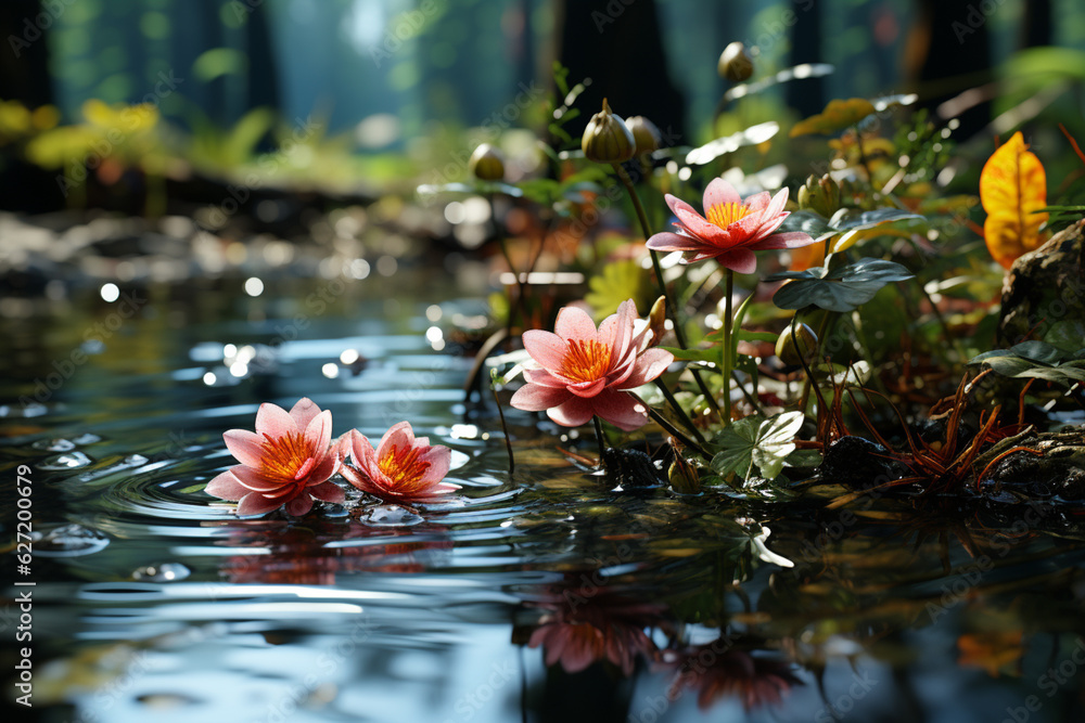 Leinwandbilder raindrops falling on a garden pond, causing gentle ripples and enhancing the serenity of the scene. 