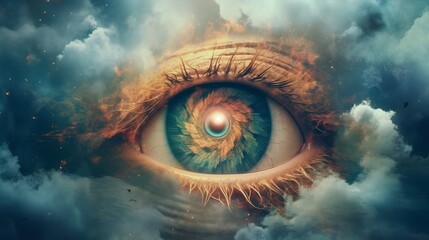 Eye of god, eye in the clouds. Generative AI - obrazy, fototapety, plakaty