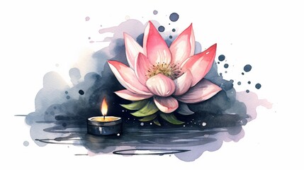 Ink and watercolor drawing of a lotus flower and candle. Generative AI