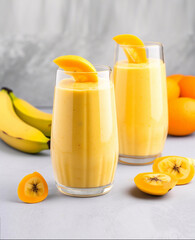 Banana mango smoothie on light background. Generative AI