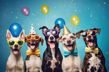 Happy dogs have a party on a soft blue background