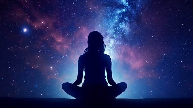 Woman silhouette meditating on cosmic background. Generative AI