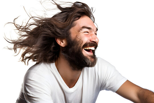 A Caucasian man enjoying a leisurely bike ride, the wind in his hair and a smile on his face, isolated on perfect white background. Generative AI