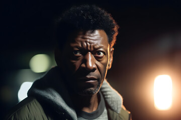 A middle-aged African American man walking with intensity and focus, his face dramatically lit by the beams of car headlights, embodying determination and drive. Generative AI