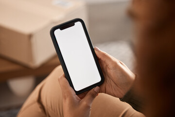 Phone screen, mockup and mobile app, advertising and smartphone in hand with communication and website ads. Brand logo design, tech marketing and contact information with person, UX and social media