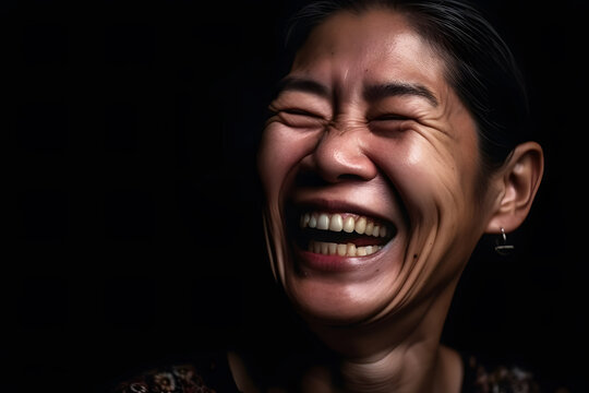 A middle-aged Asian woman caught in a moment of overwhelming joy, her face beaming with a wide smile and eyes sparkling with happiness. Generative AI