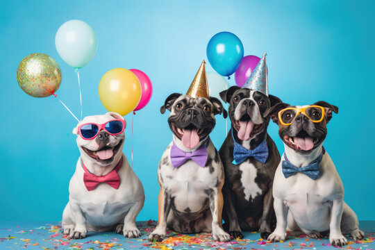 Happy dogs have a party on a soft blue background