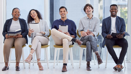 Diversity, portrait of businesspeople sitting and happy waiting in a office at their workplace. Multicultural or corporate, collaboration and smiling colleagues sit on chairs in a boardroom at work