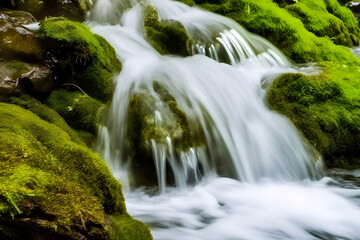 Flowing river or waterfall, smooth and cascading motion of the water. Energy and fluidity. Generative AI