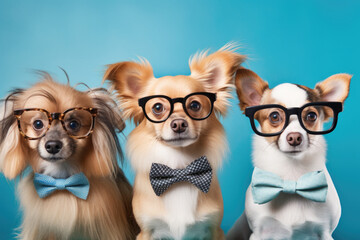Happy dogs wearing glasses on a soft blue background