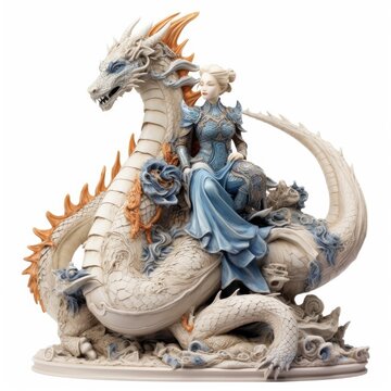 Fantasy image of Female Knight on Dragon, in Ivory carving style