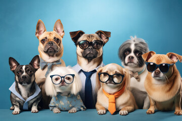 Happy dogs wearing glasses on a soft blue background