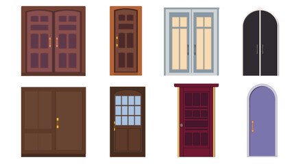 Set of different colored entrance doors isolated on white background. Clipart.