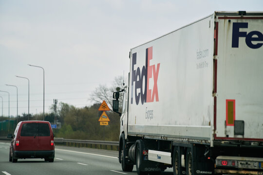 Germany, Europe- April 26, 2023. FedEx Ground Truck on the Move. Transportation and Delivery Services in Europe